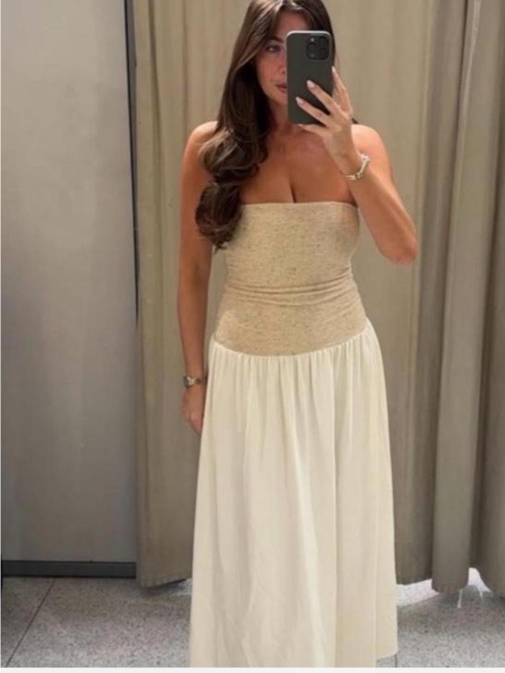 Zara Strapless Beige Bodice with Cream Maxi Skirt Dress